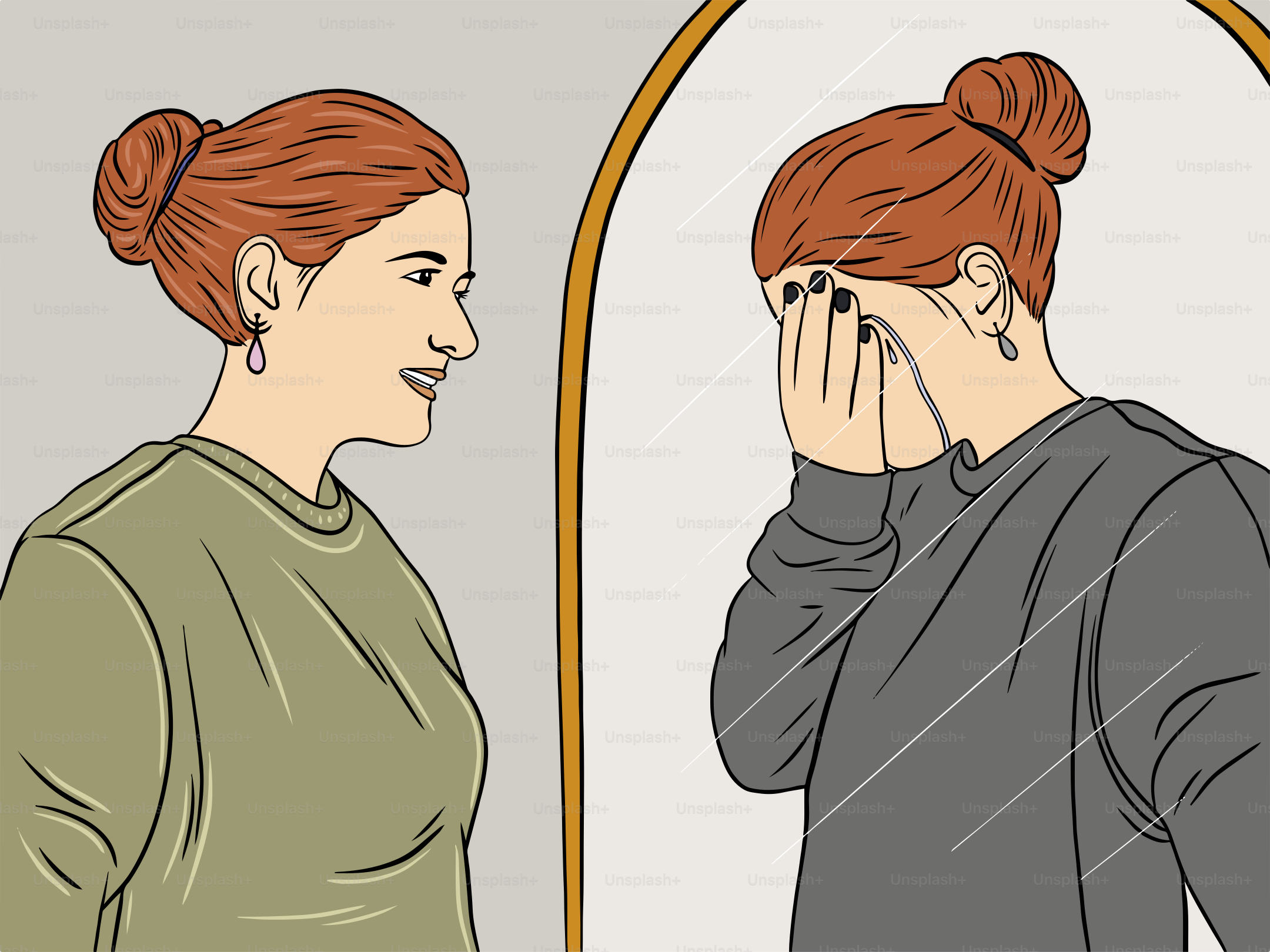 A woman looking at her face in the mirror