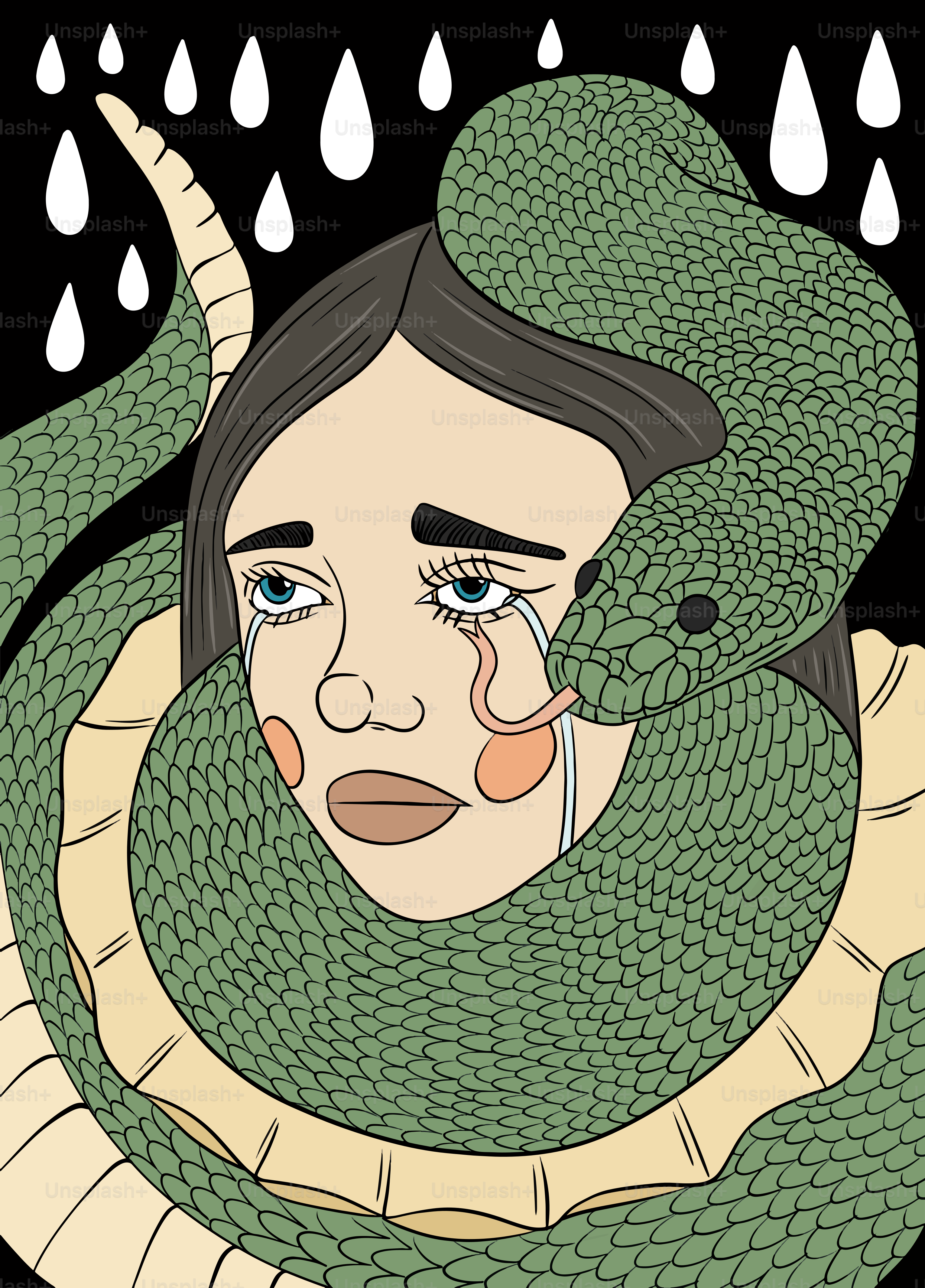 A woman with a green snake wrapped around her neck
