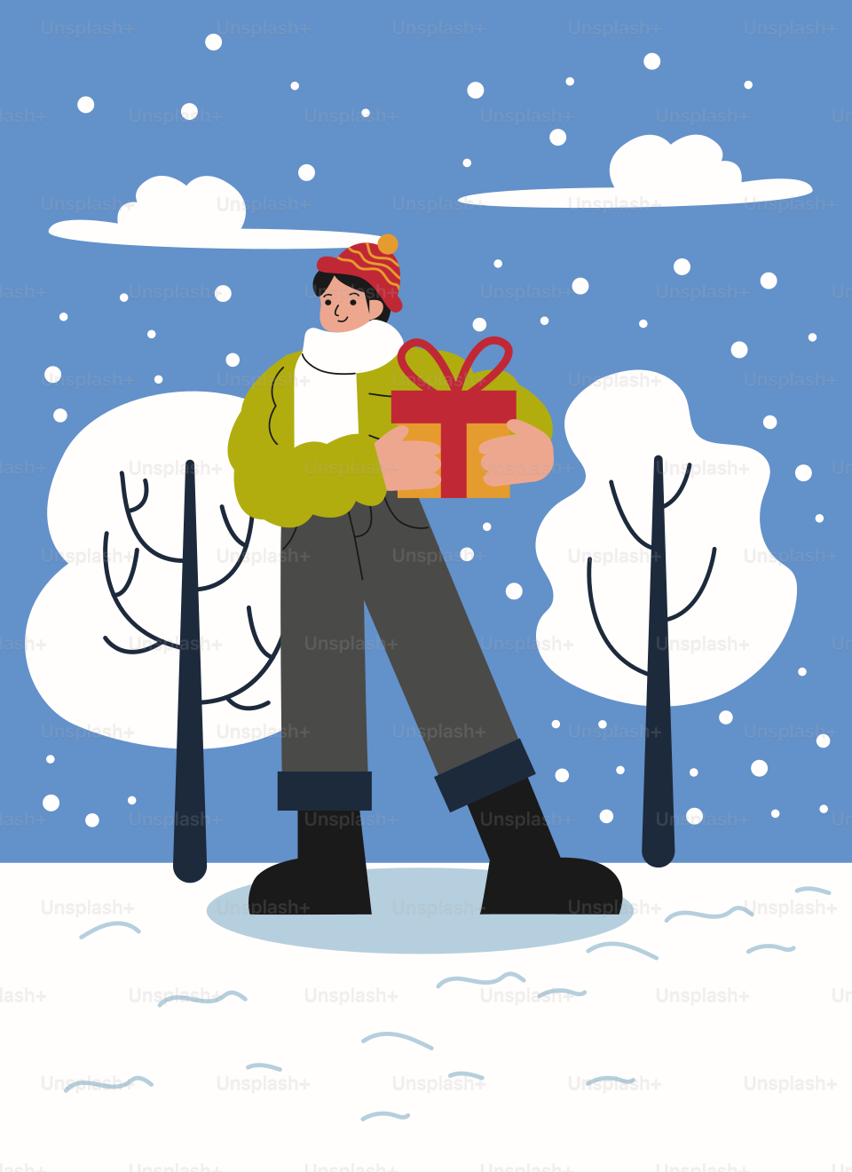 A man holding a gift box in the snow