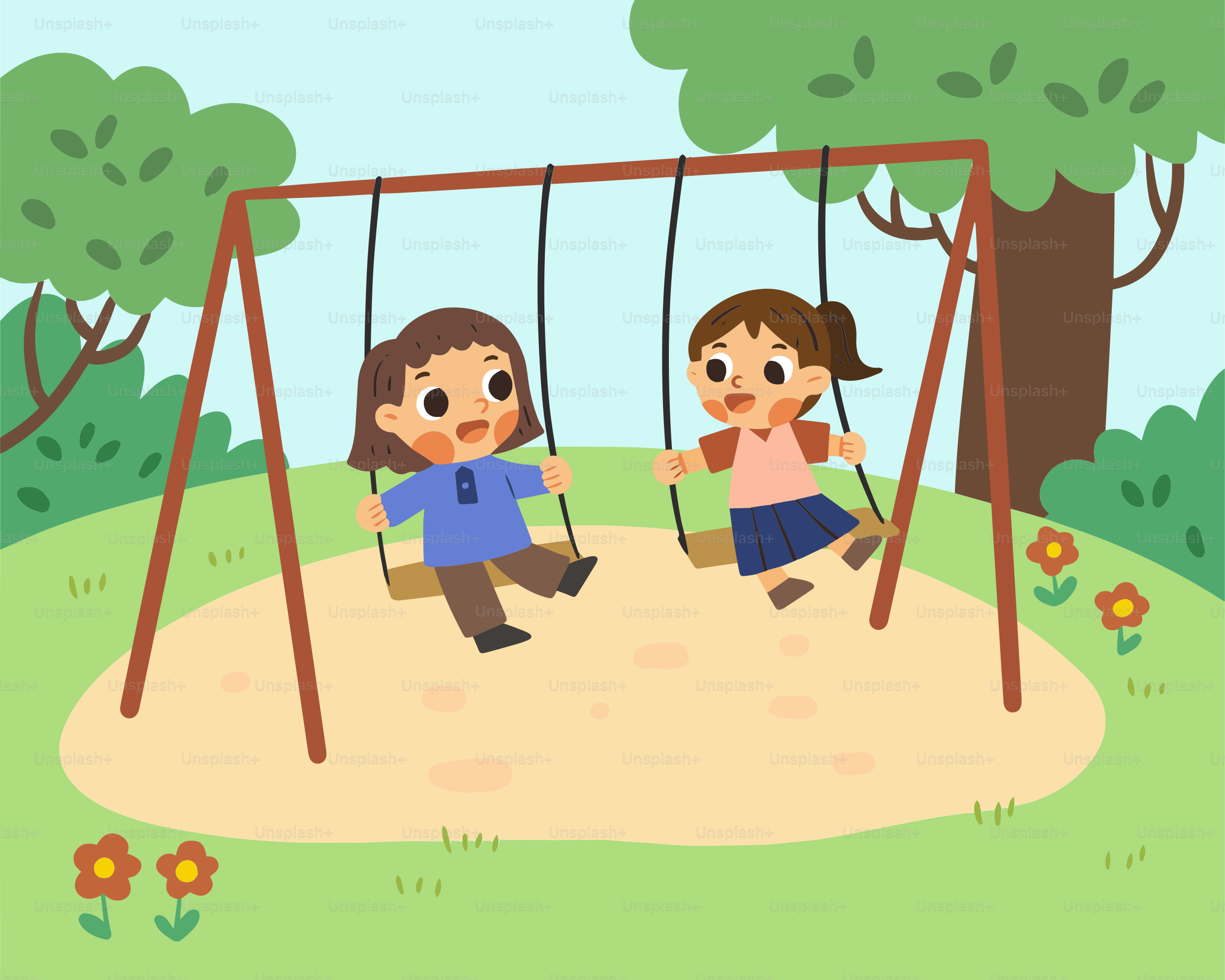 Dos niños jugando en un columpio en un parque