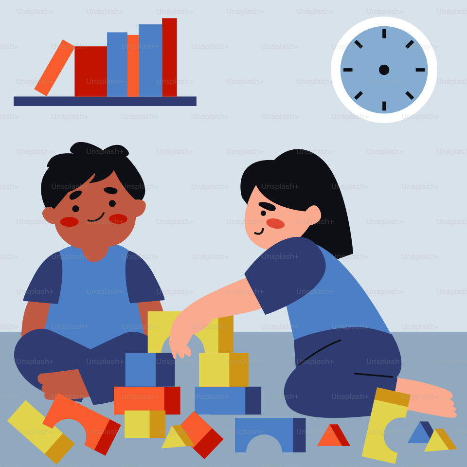 방에서 블록을 가지고 놀고 있는 두 명의 어린이