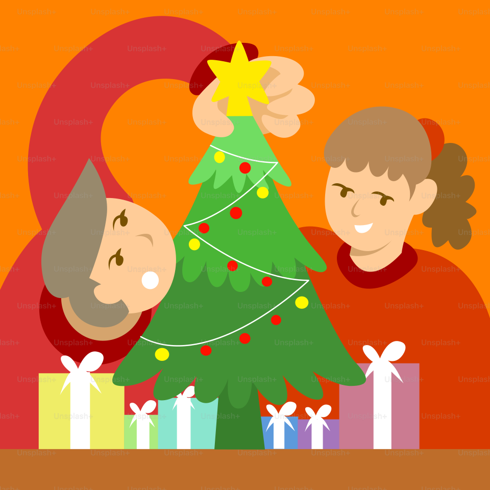 A man and a woman putting a star on a christmas tree