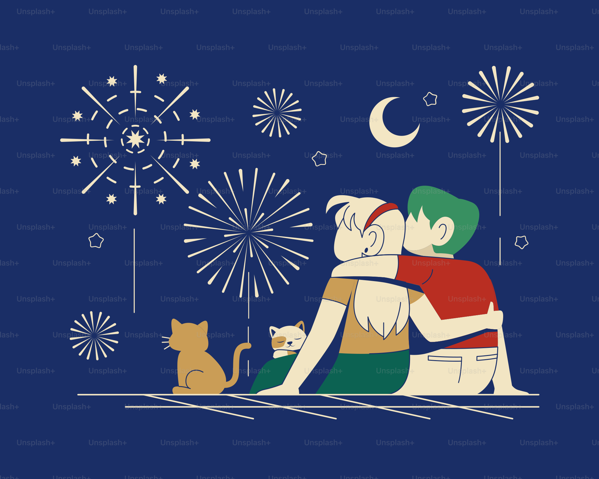 A man and a woman hugging with fireworks in the background