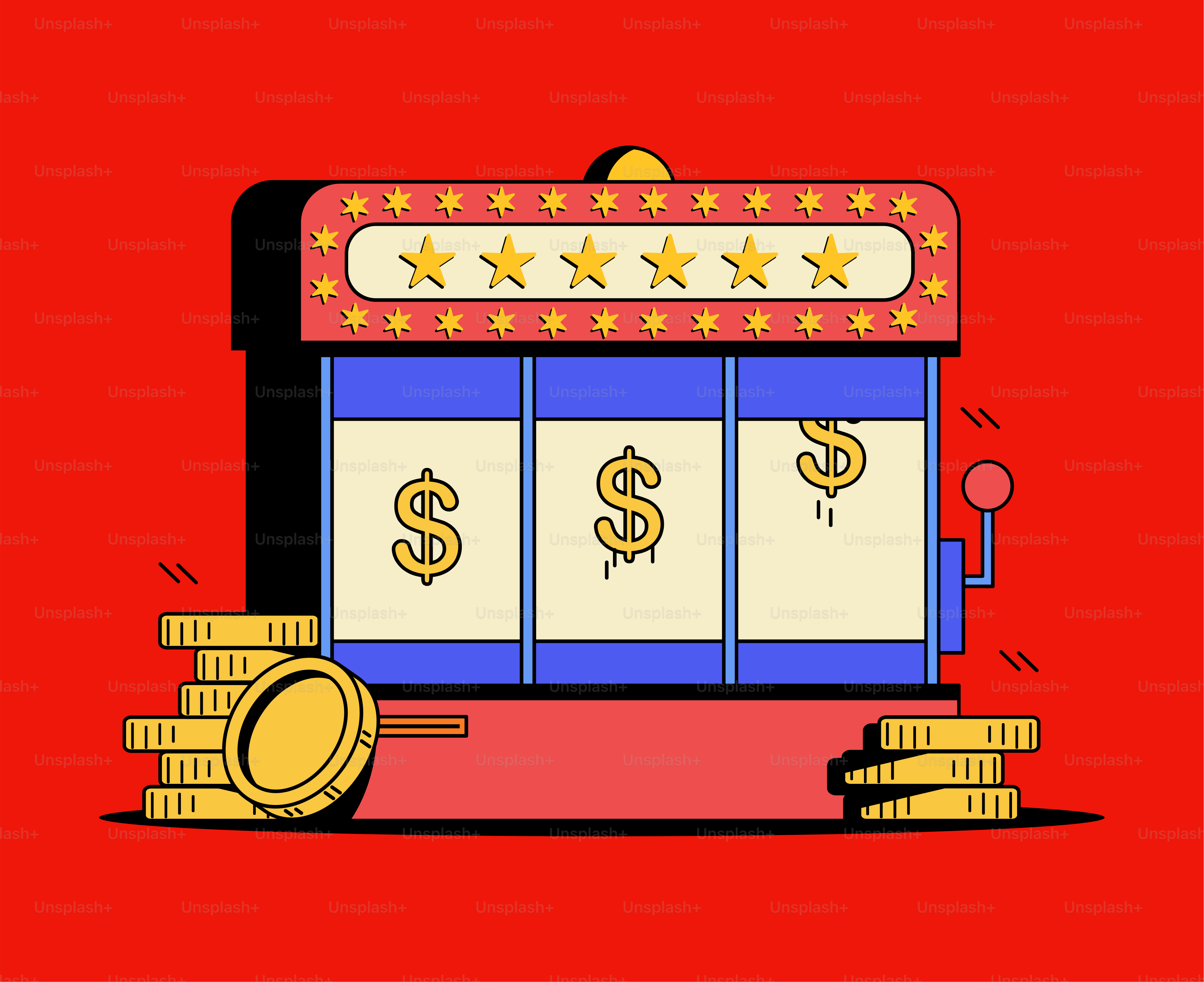 A red background with a slot machine and stacks of gold coins