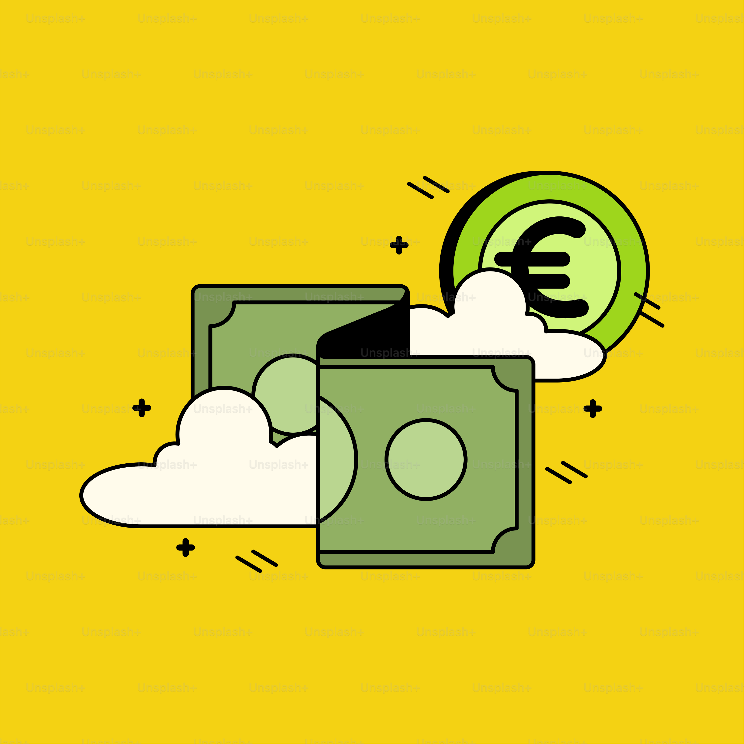 A yellow background with a dollar and a cloud