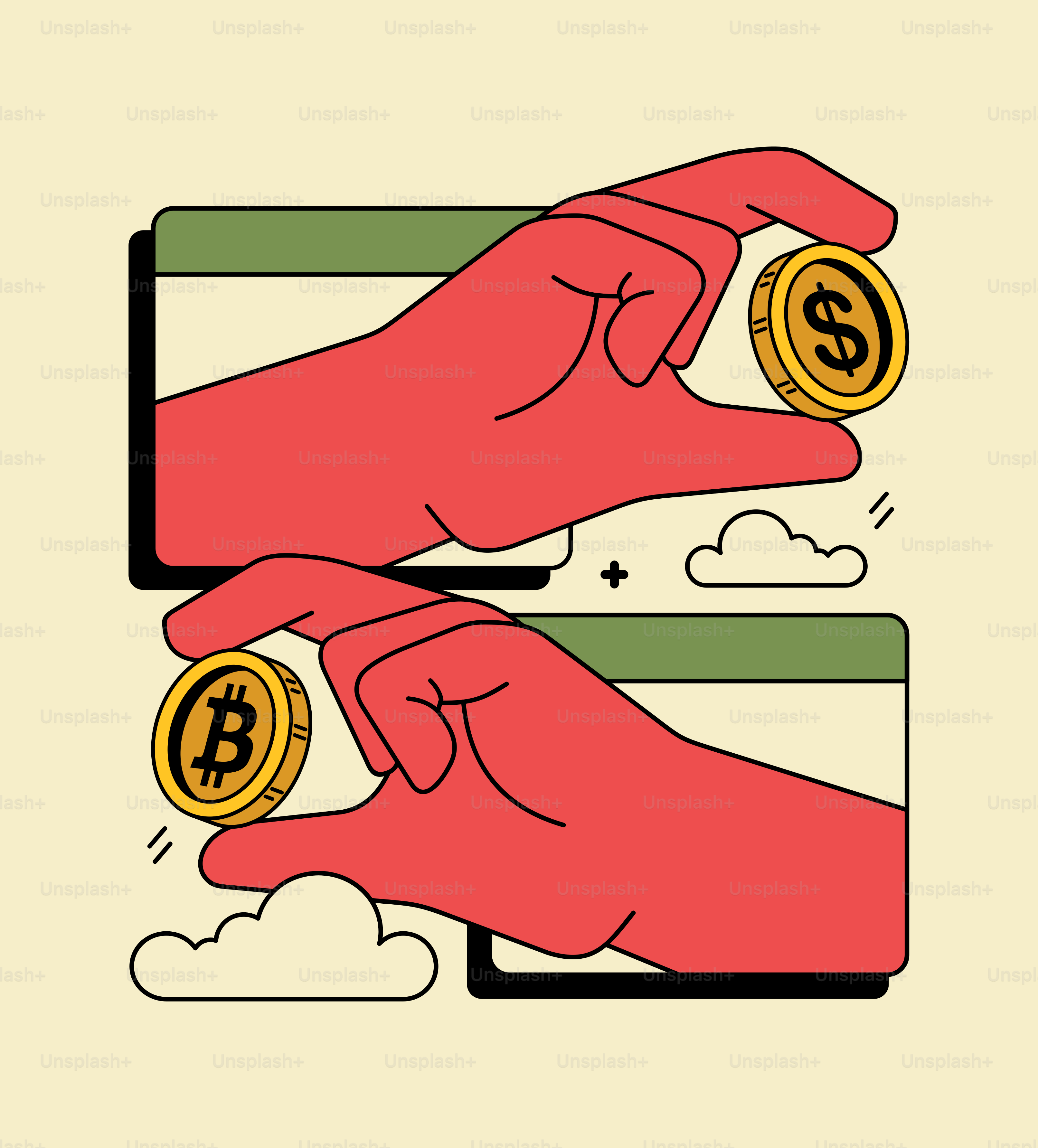 태블릿을 들고 비트코인이 나오는 한 쌍의 손 벡터 – Unsplash의 돈 이미지
