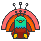 A cartoon bird sitting in front of a rainbow