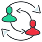 A red and green person standing in front of a circle