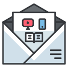 Un sobre abierto con un botón rojo y azul