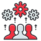 A white background with a red and gray graphic of gears and people