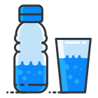 A bottle of water next to a glass of water