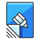 A blue and white icon with a pencil
