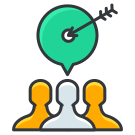 A group of people standing in front of a speech bubble