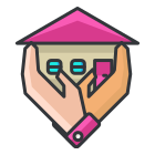 Two hands holding a house with a pink roof