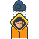 A person in a yellow hoodie with a cloud above their head
