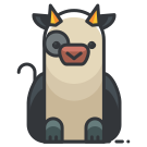 A cartoon cow with horns sitting down