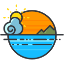 A picture of the sun and clouds over a body of water