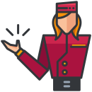 A woman in a red uniform holding out her hand