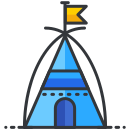 A blue tower with a flag on top of it