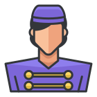 A man in a purple uniform is shown