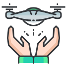 A hand holding a flying object over a white background