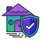 A purple and green house with a check mark on it