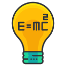 A light bulb with the word e = m e inside it