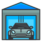 A car in a garage with the door open