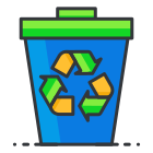 A blue trash can with a green lid