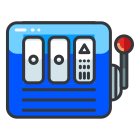 A blue and white icon of a slot machine
