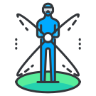 A person standing in front of a green circle