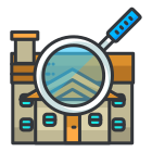 Um prédio com uma lupa em cima