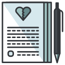 A notepad with a broken heart and a pen