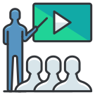 A person standing in front of a screen with a play button