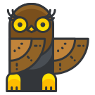 A brown owl with yellow eyes sitting down