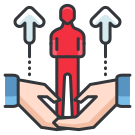 A hand holding a person with three arrows above it