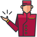 A man in a red uniform holding out his hand