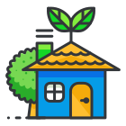 A blue house with a green leaf on top of it