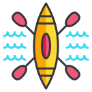 Um caiaque amarelo com duas pás flutuando na água