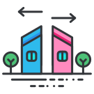 A line drawing of two buildings with trees in front of them