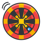 A red, yellow and black spinning disk with a person on it