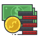 A stack of stacks of money with a gold coin