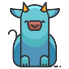 A blue cartoon cow with horns sitting down