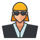 A person wearing sunglasses and a yellow helmet