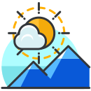 Uma montanha com um sol e nuvens acima dela