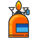 An orange and blue machine with a light on top of it