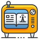 Uma televisão amarela e azul com um livro nela