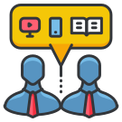 Um grupo de pessoas em pé na frente de um balão de fala amarelo