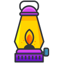 A yellow and purple lantern with a light on it