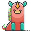 A pink and green cartoon animal with a horn